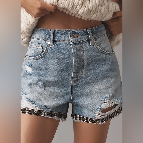 Anthropologie Pilcro Distressed Blue Jean Shorts with Embroidered Hem - Picture 2 of 13